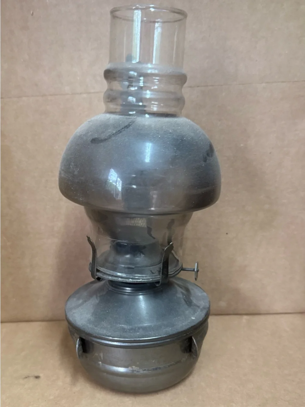 Antique-Style Silver Metal Oil Lamp with Clear Glass Chimney